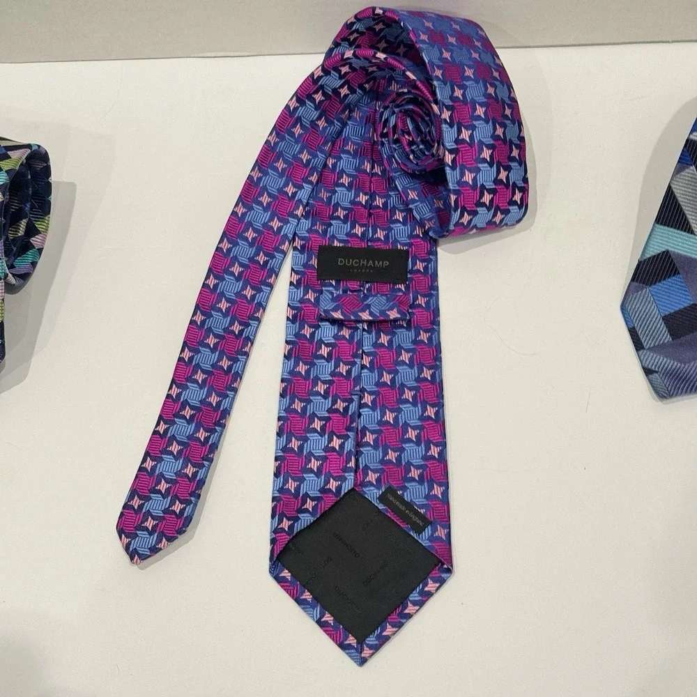 DUCHAMP London DL Luxury Necktie Tie Ties Mens Unisex SILK Pink Blue‎ Geometric
